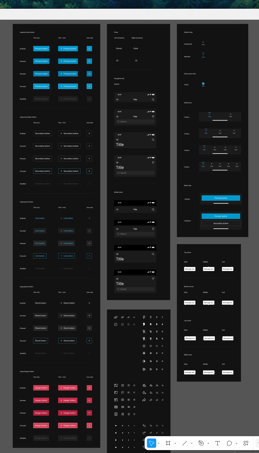 Screenshot of design system showing buttons, icons, mobile and components