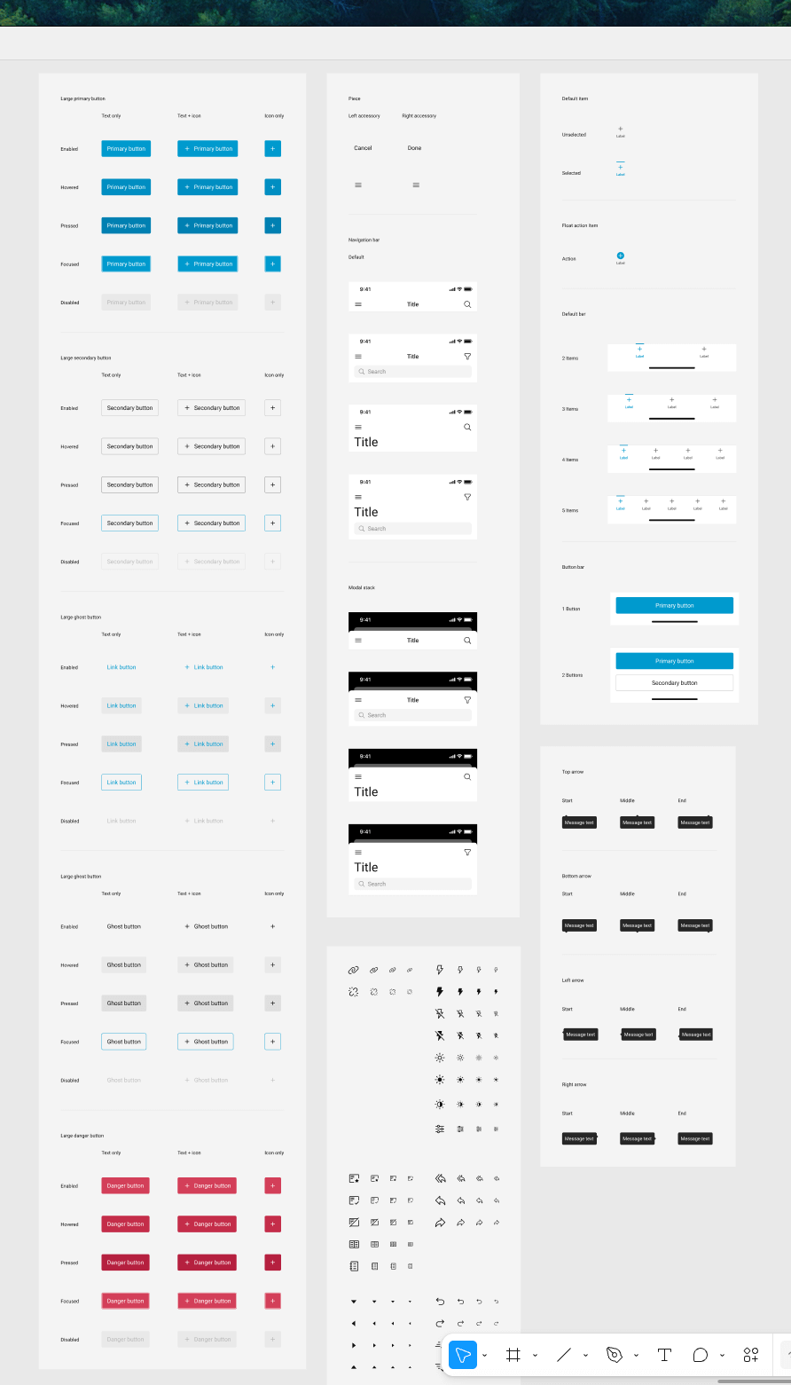Screenshot of design system showing buttons, icons, mobile and components